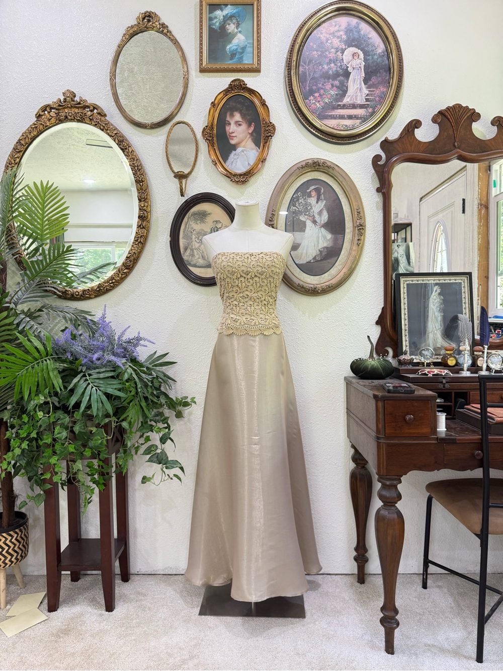Scott McClintock Gold Strapless Lace Bodice Maxi Gown